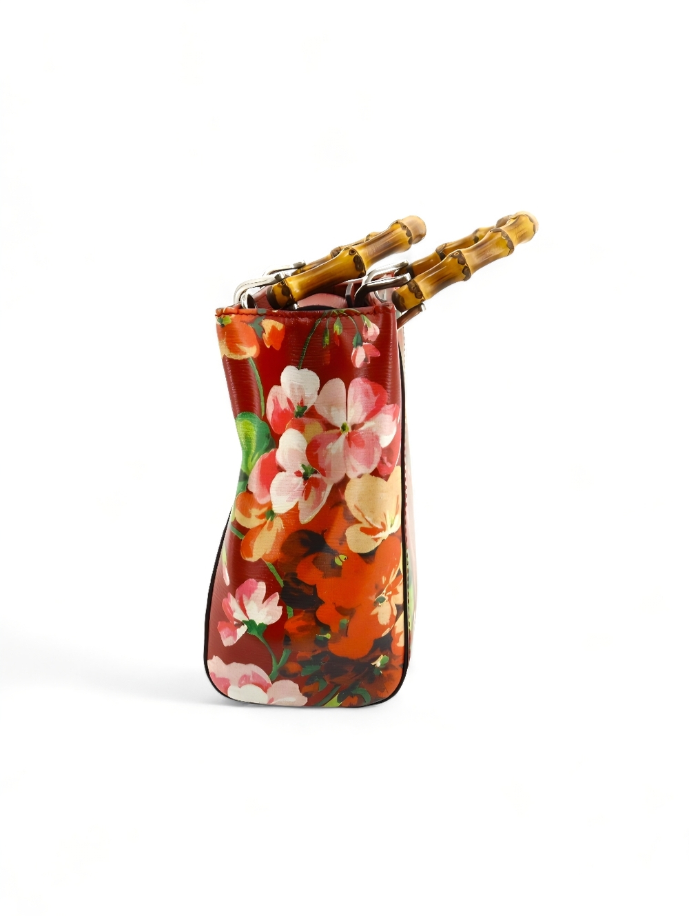 GUCCI Floral Bamboo Top Handle Crossbody Tote Bag Red Leather - Picture 5 of 11